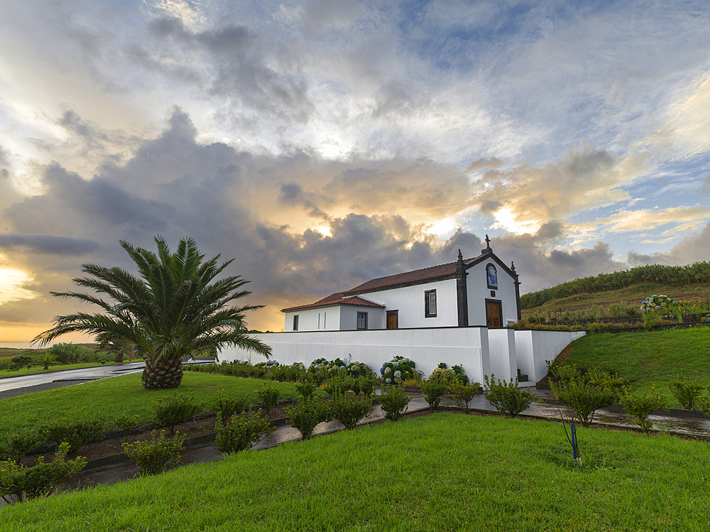 Sunset over Ermida de Nossa Senhora do Pranto chapel on Sao Miguel island, Azores Islands, Portugal, Atlantic, Europe