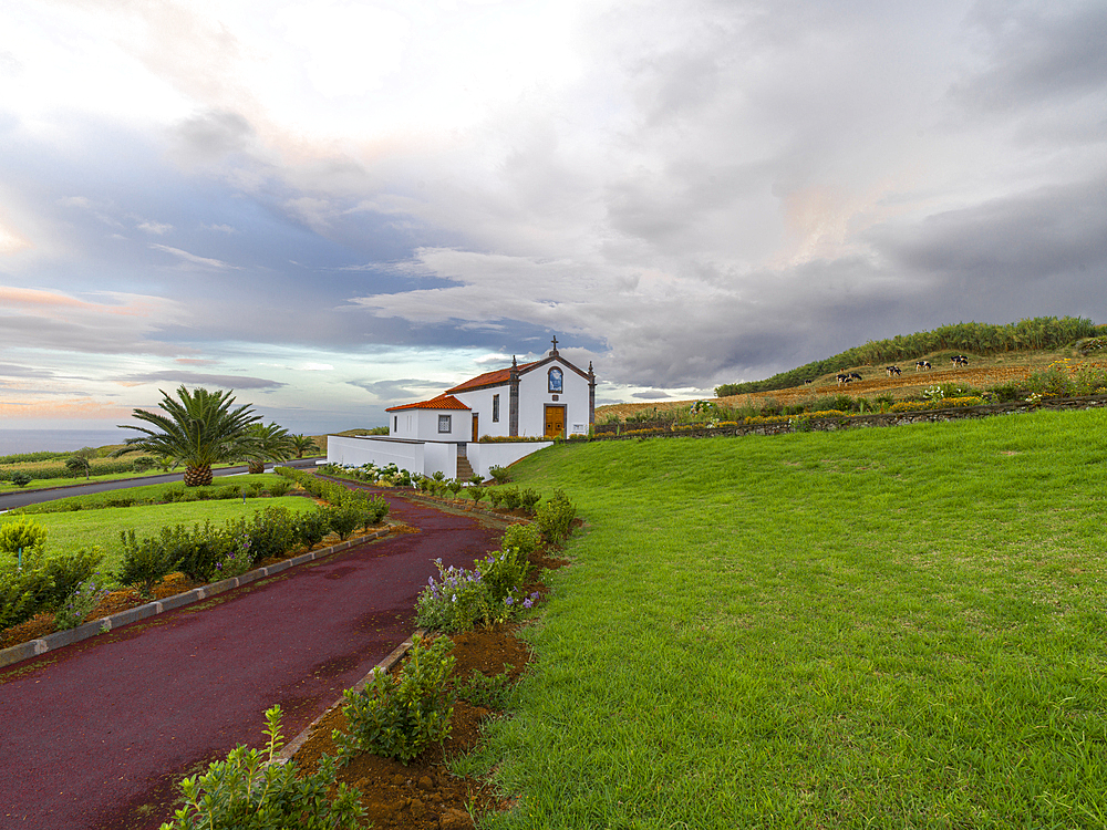 Sunset over Ermida de Nossa Senhora do Pranto chapel on Sao Miguel island, Azores Islands, Portugal, Atlantic, Europe