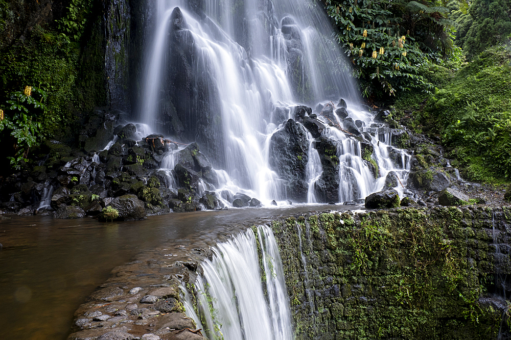 Long exposure of Cascata da Ribeira dos Caldeirões waterfall on Sao Miguel island, Azores Islands, Portugal, Atlantic, Europe