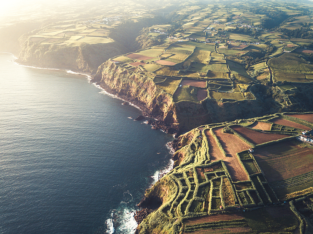 Aerial view of Sao Miguel shores and coastline at sunrise, Azores Islands, Portugal, Atlantic, Europe