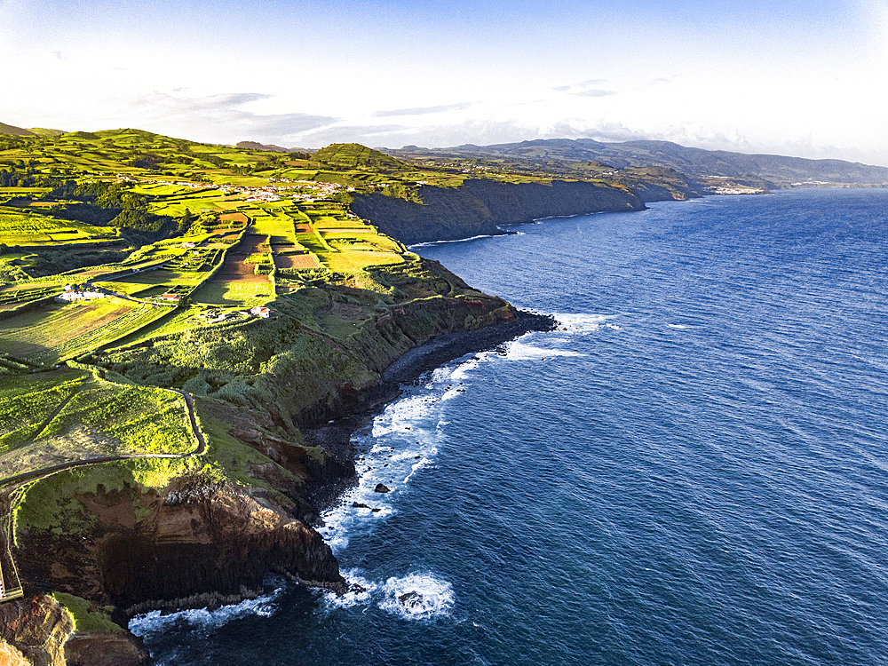 Aerial view of Sao Miguel shores and coastline, Azores Islands, Portugal, Atlantic, Europe