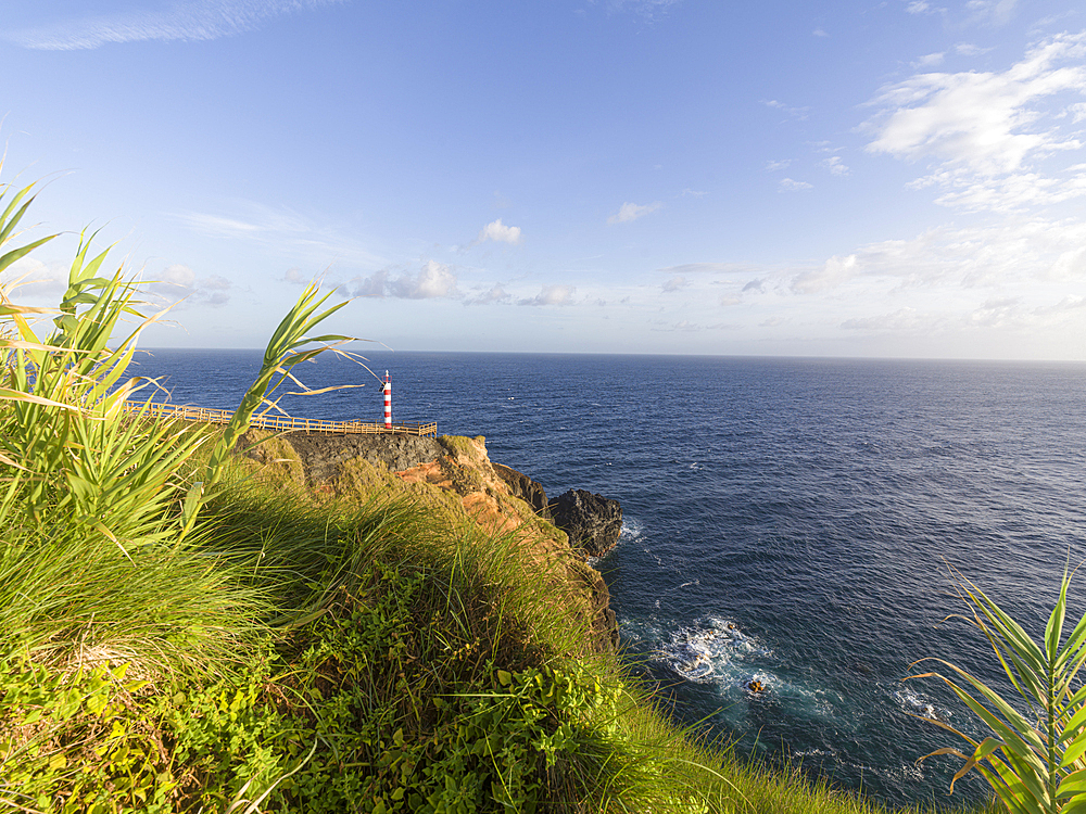 Farolim dos Fenais da Ajuda lighthouse on a cliff, Sao Miguel island, Azores Islands, Portugal, Atlantic, Europe