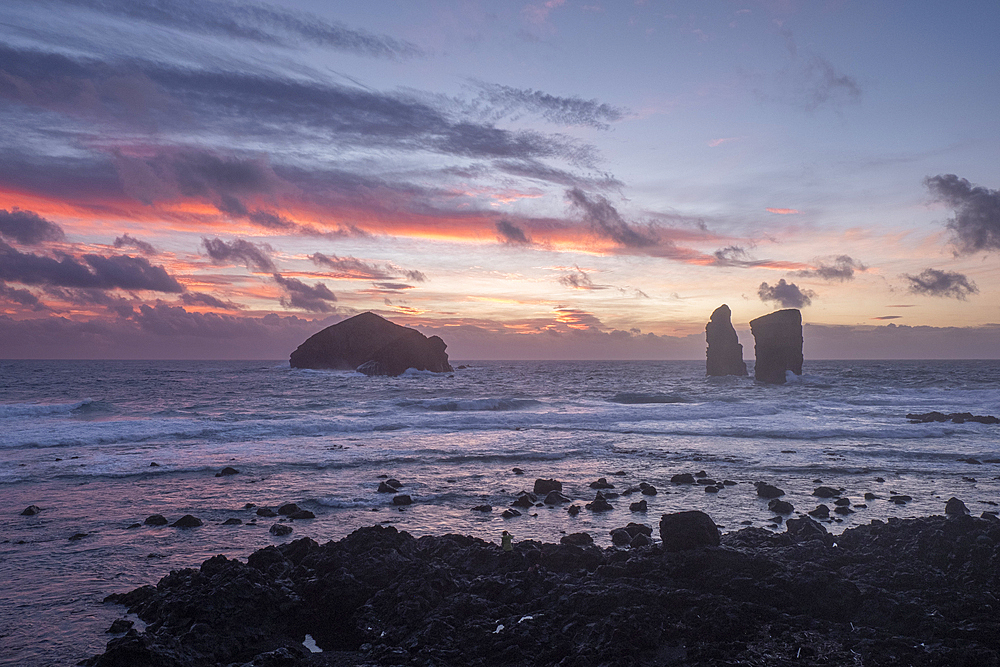 The sea stacks of Mosteiros at twilight seen from the rocky shore, Sao Miguel Island, Azores Islands, Portugal, Atlantic, Europe