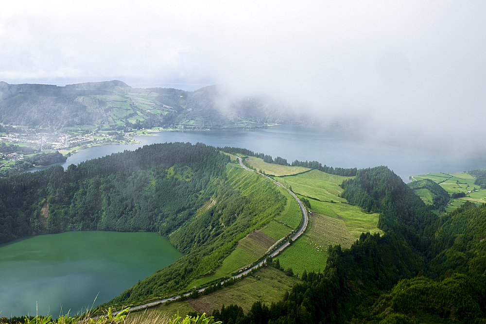 Miradouro da Grota do Inferno viewpoint over Sete Cidades and Lagoa Azul covered by low clouds, Sao Miguel Island, Azores Islands, Portugal, Atlantic, Europe