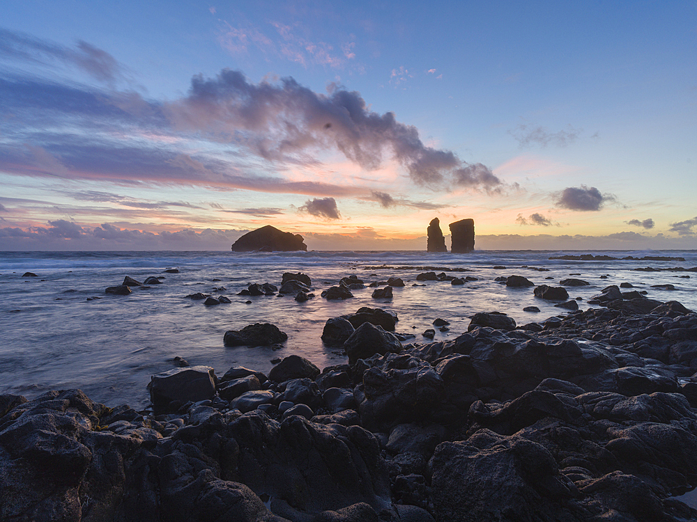 Sunset over the sea stacks of Mosteiros on Sao Miguel Island,Azores Islands, Portugal, Atlantic, Europe