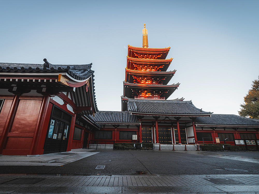 Five-Storied Pagoda at sunrise in the Senso-ji temple, Tokyo, Honshu, Japan, Asia