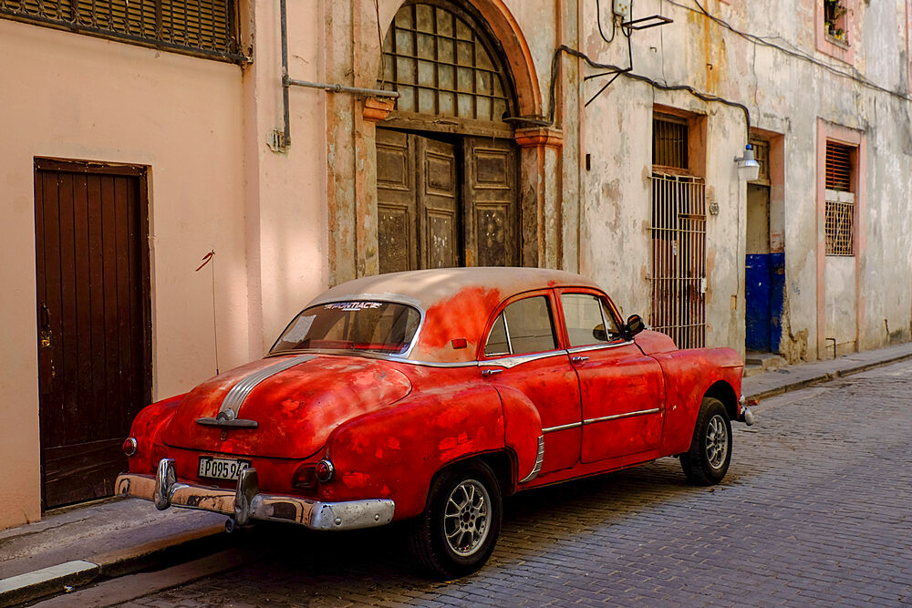 Vintage car parked on the street, Havana, Cuba, West Indies, Central America