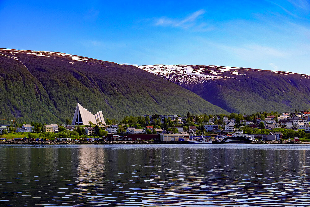 Tromsdalen Church (The Arctic Cathedral) seen in the distance, Tromso, Norway, Scandinavia, Europe