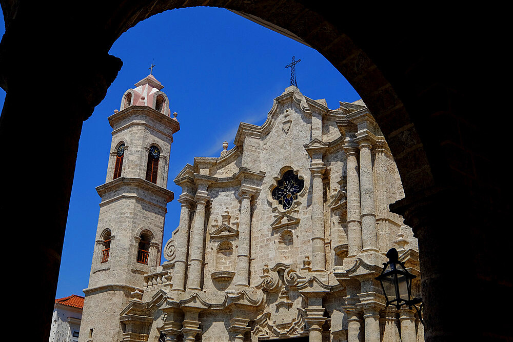 Historic church framed by an archway, Old Havana, Cuba, West Indies, Central America