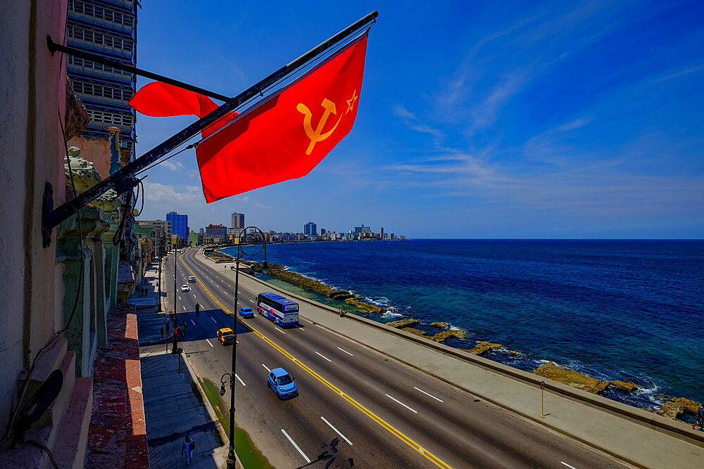 A Soviet Union flag above the Malecon, Havana, Cuba, West Indies, Central America