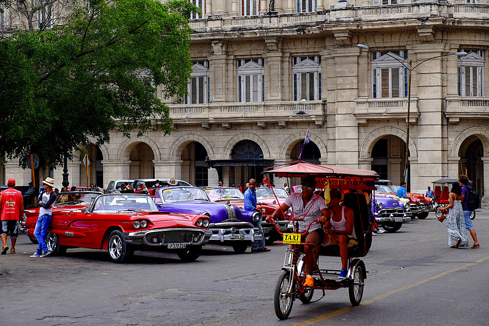 A bicycle carriage rides past many classic vintage cars, Havana, Cuba, West Indies, Central America