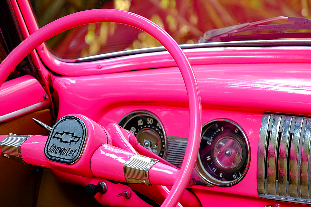 Steering wheel of one of Hemingway's cars at his home, Finca Vigia, San Francisco de Paula, Havana, Cuba, West Indies, Central America