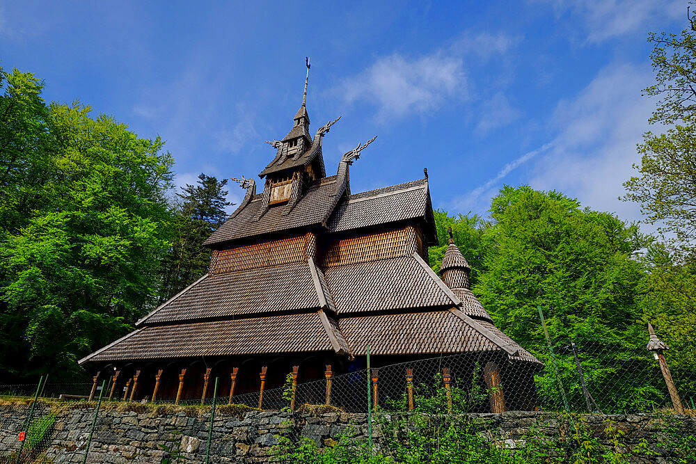 The Fantoft Stave Church, rebuilt due to fire, Bergen, Norway, Scandinavia, Europe