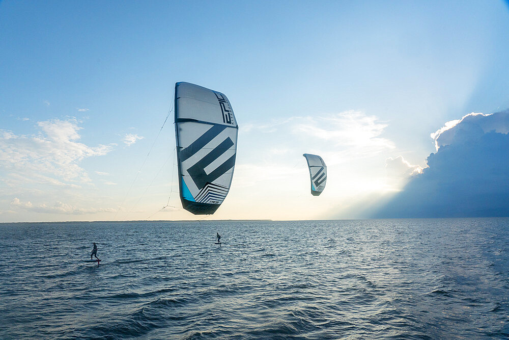 Foiling kiteboarders on the Pamlico Sound, Nags Head, North Carolina, United States of America, North America