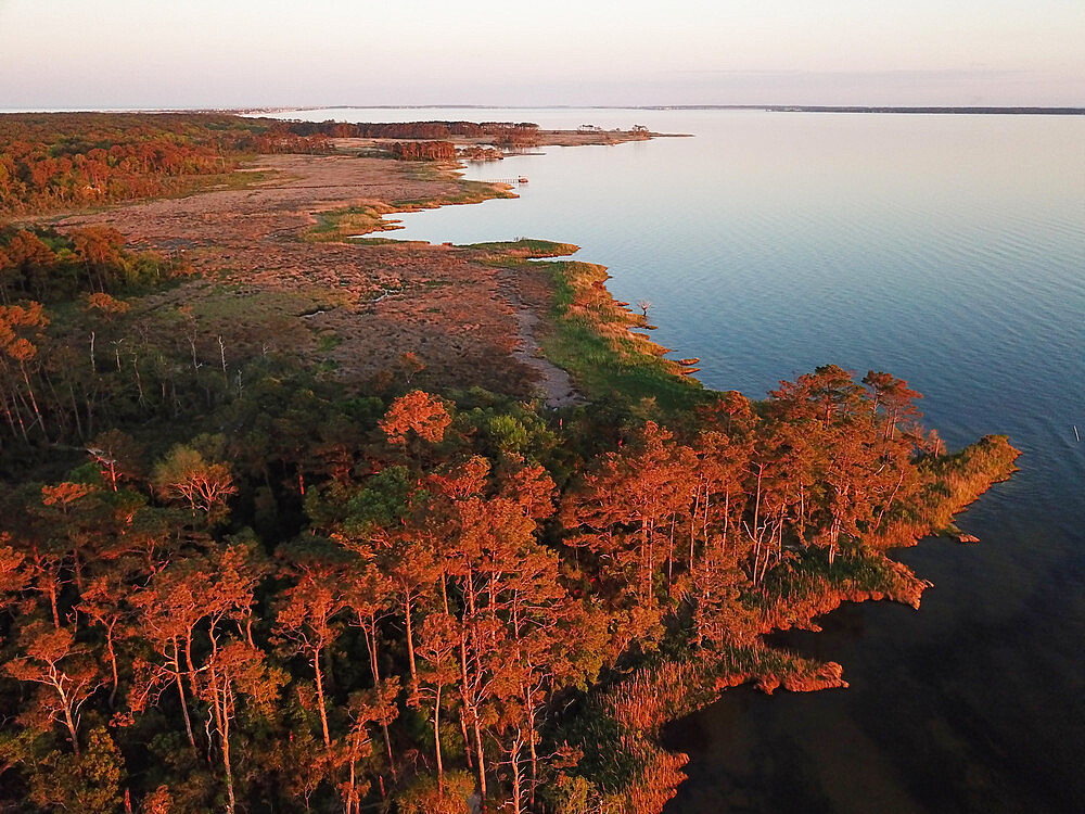 Aerial panorama of Pamlico Sound salt marsh, Nags Head, North Carolina, United States of America, North America