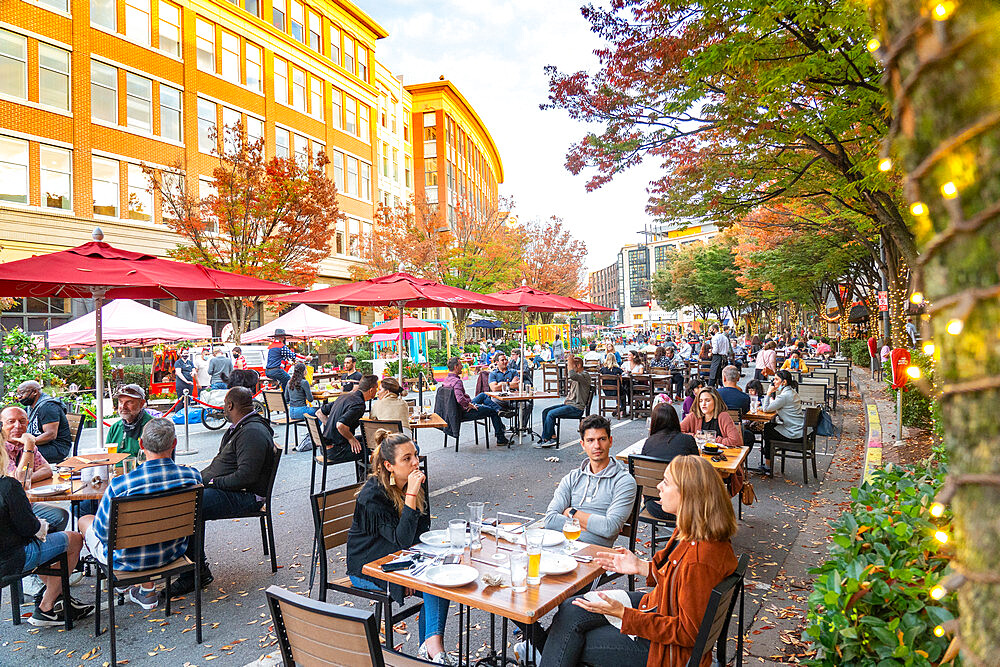 Pandemic outdoor dining in the streets of Bethesda, Maryland, United States of America, North America