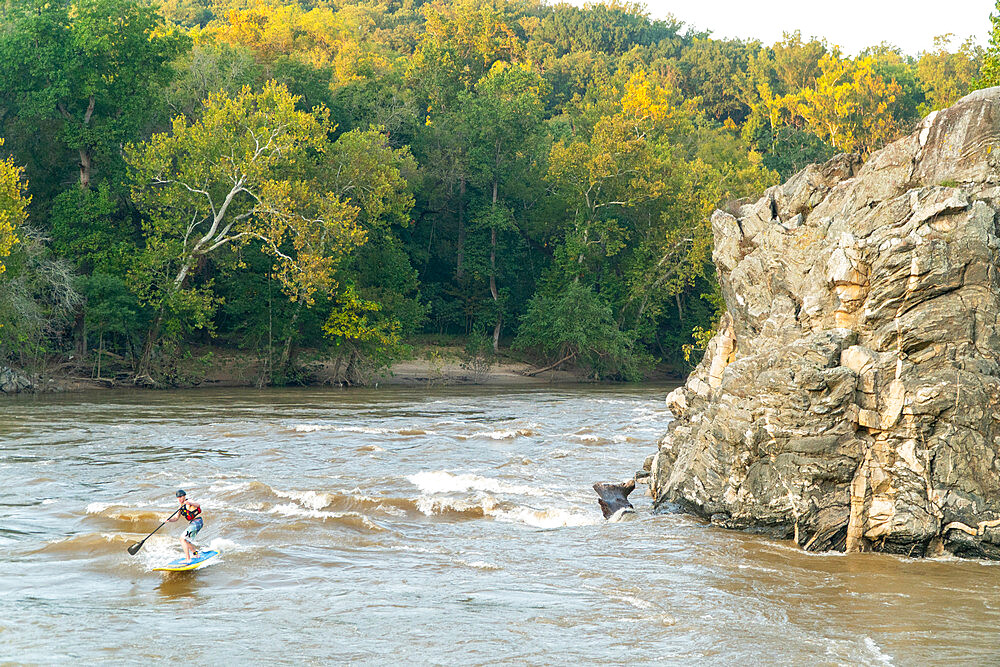 Ian Brown stand up paddle surfs a whitewater wave on the Potomac River near Potomac, Maryland, United States of America, North America