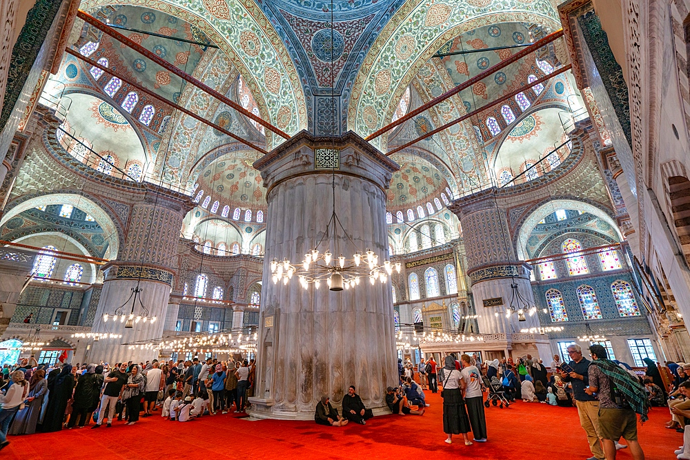 Blue mosque beautiful ornamented interior in Istanbul, Turkey