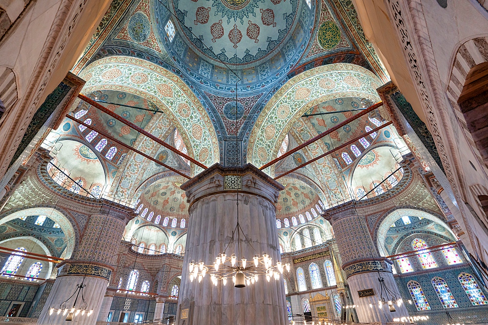 Blue mosque beautiful ornamented interior in Istanbul, Turkey