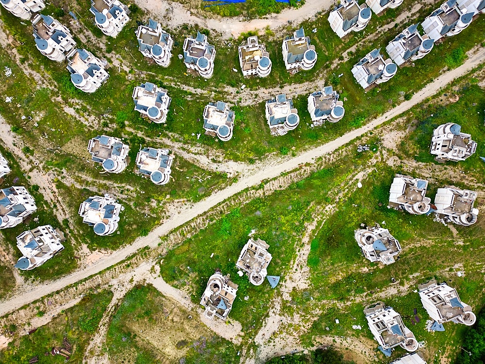 Burj al Babas drone aerial view of abandoned ghost town fairytale castles in Turkey