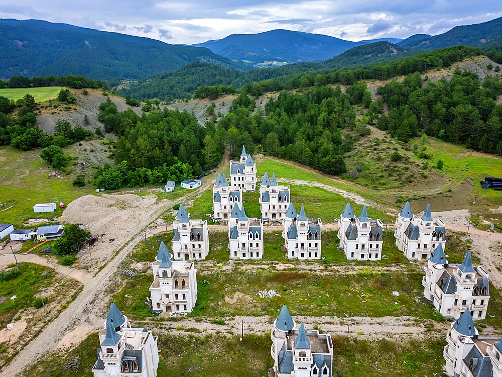Burj al Babas drone aerial view of abandoned ghost town fairytale castles in Turkey