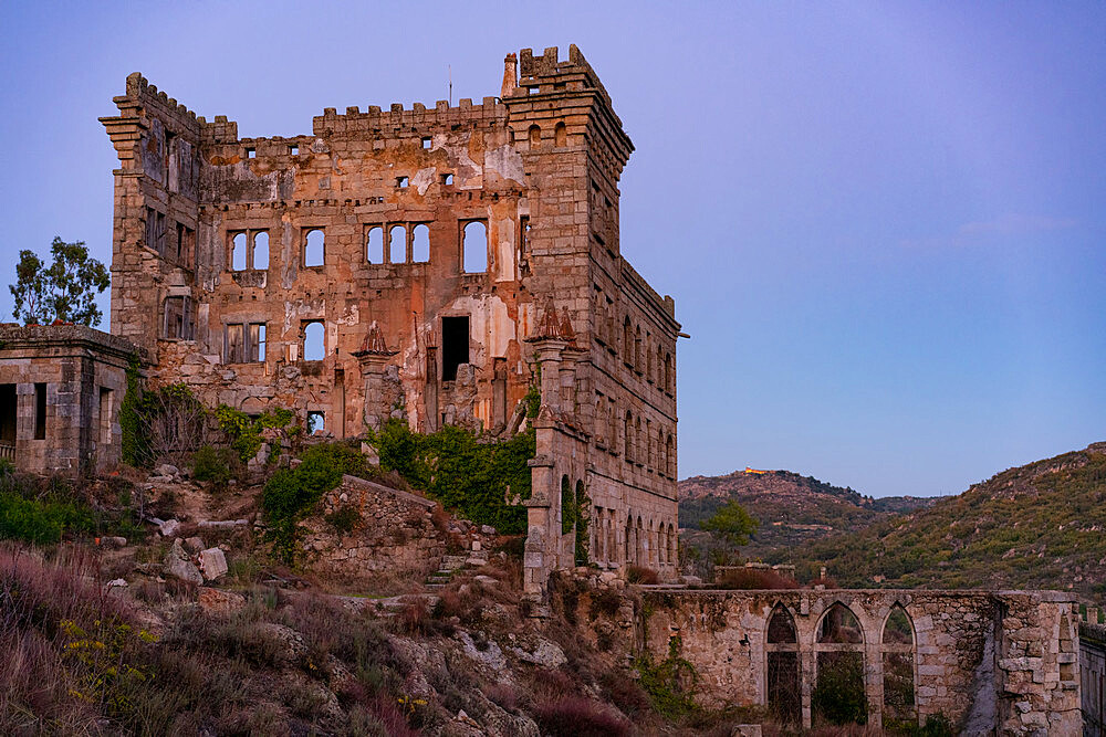 Abandoned building of Termas Radium Spa Hotel, Serra da Pena, at sunset in Sortelha, Centro, Portugal, Europe