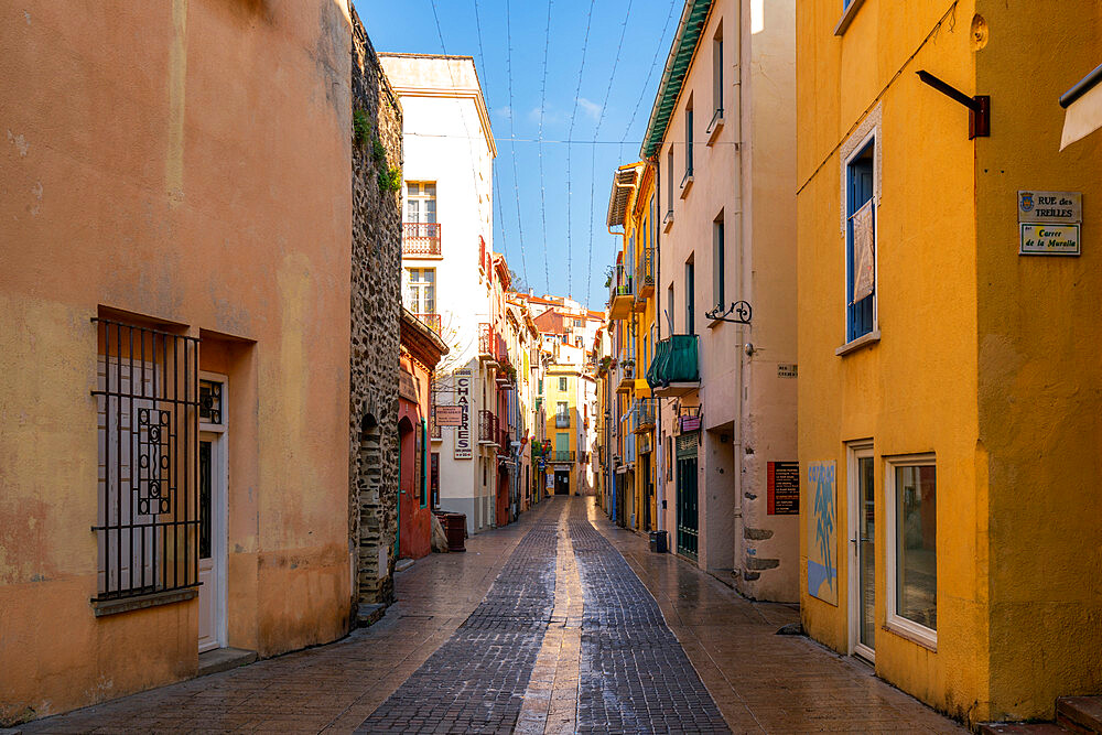 Traditional village street with colorful houses, Collioure, Pyrenees Orientales, France, Europe