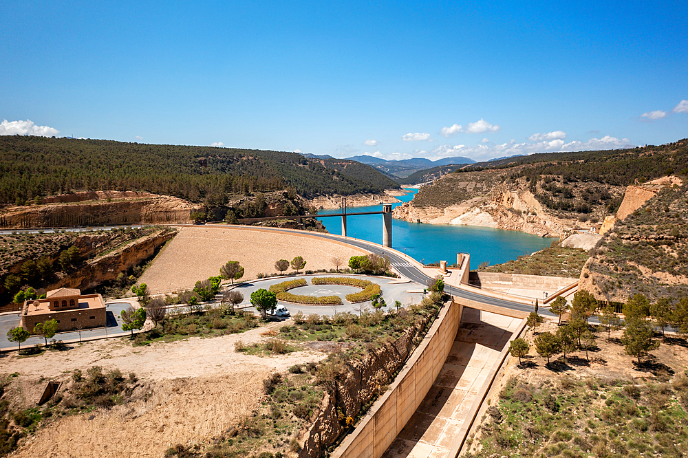 Drone aerial view of Francisco Abellan Dam and Reservoir, Granada, Andalusia, Spain, Europe