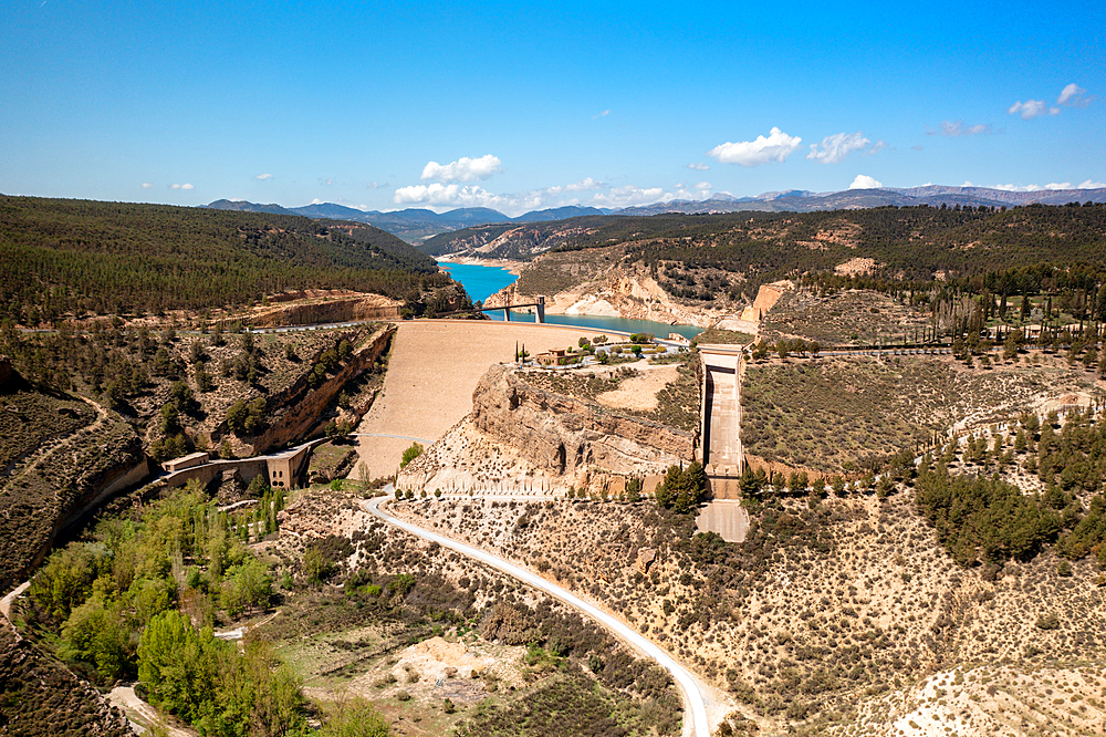 Drone aerial view of Francisco Abellan Dam and Reservoir, Granada, Andalusia, Spain, Europe