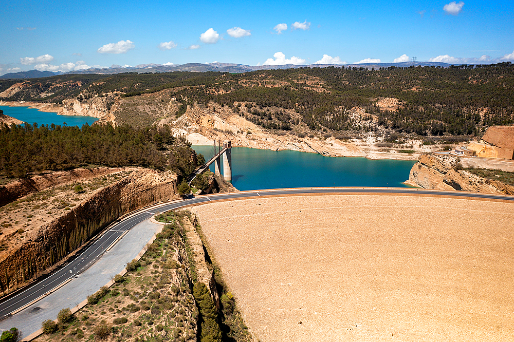 Drone aerial view of Francisco Abellan Dam and Reservoir, Granada, Andalusia, Spain, EuropeGranada, Andalusia, Spain, Europe