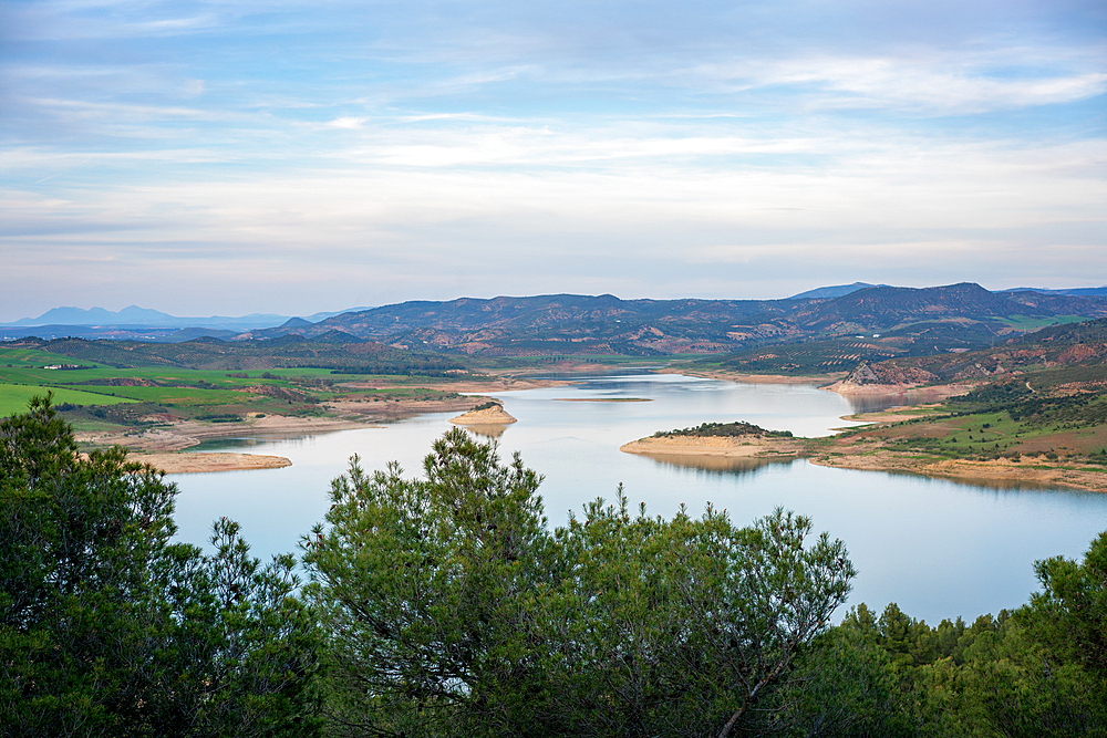 Landscape of Gobrantes and Guadalhorce water reservoir dam at sunset, Andalusia, Spain, Europe