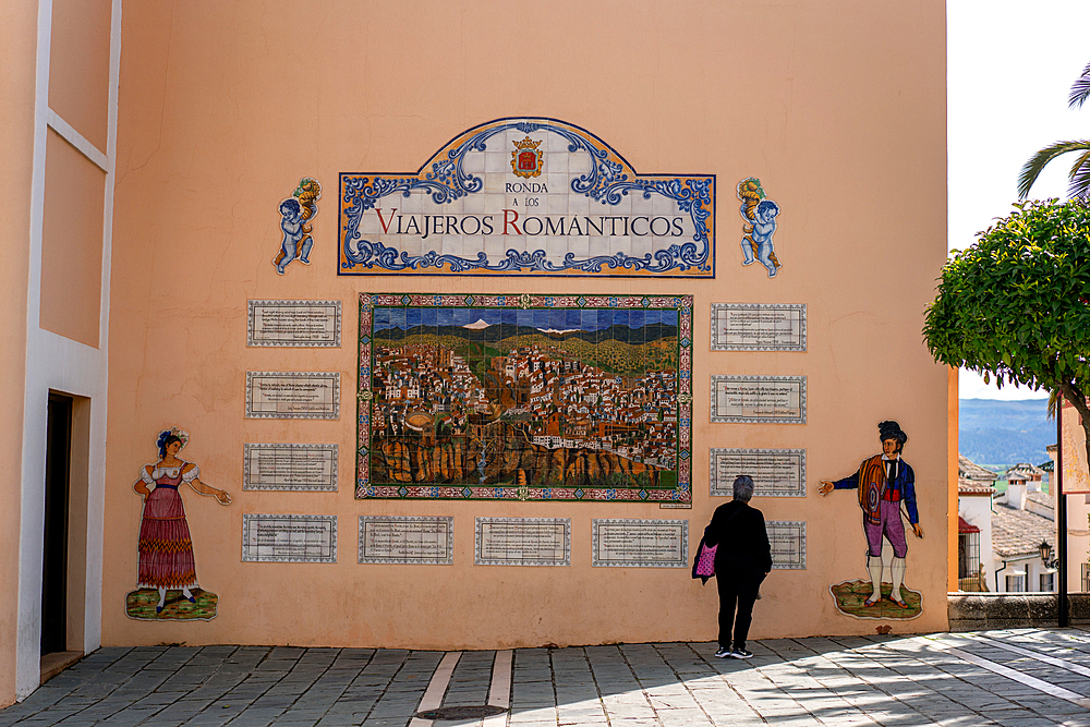 Tiles of romantic travelers (viajeros romanticos), Ronda, Andalusia, Spain, Europe