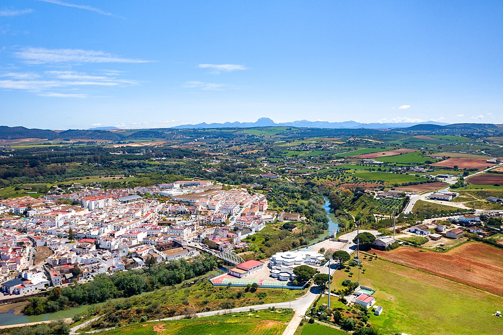 Drone aerial view of Arcos de la Frontera village of the Pueblos Blancos region, Andalusia, Spain, Europe