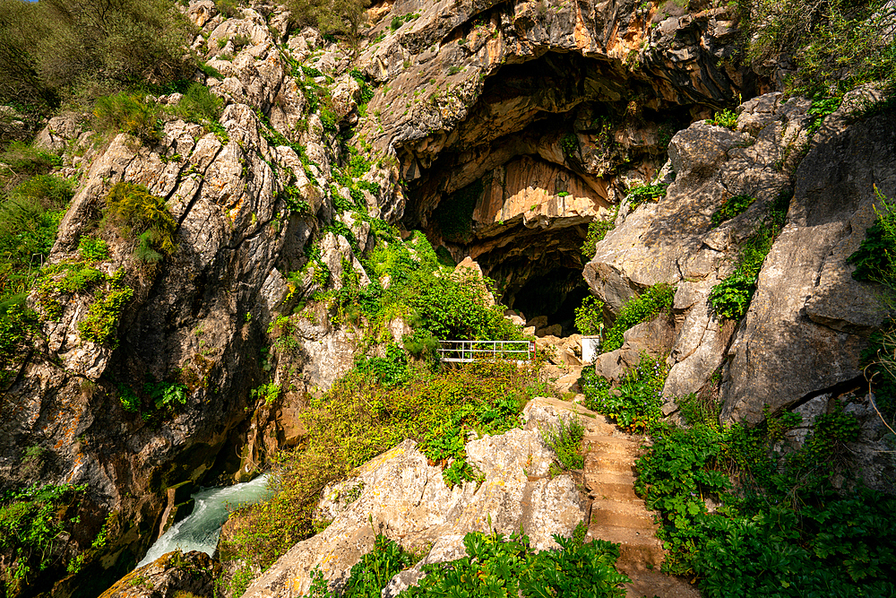 Cueva del Gato cave with a waterfall in Andalusia, Spain, Europe