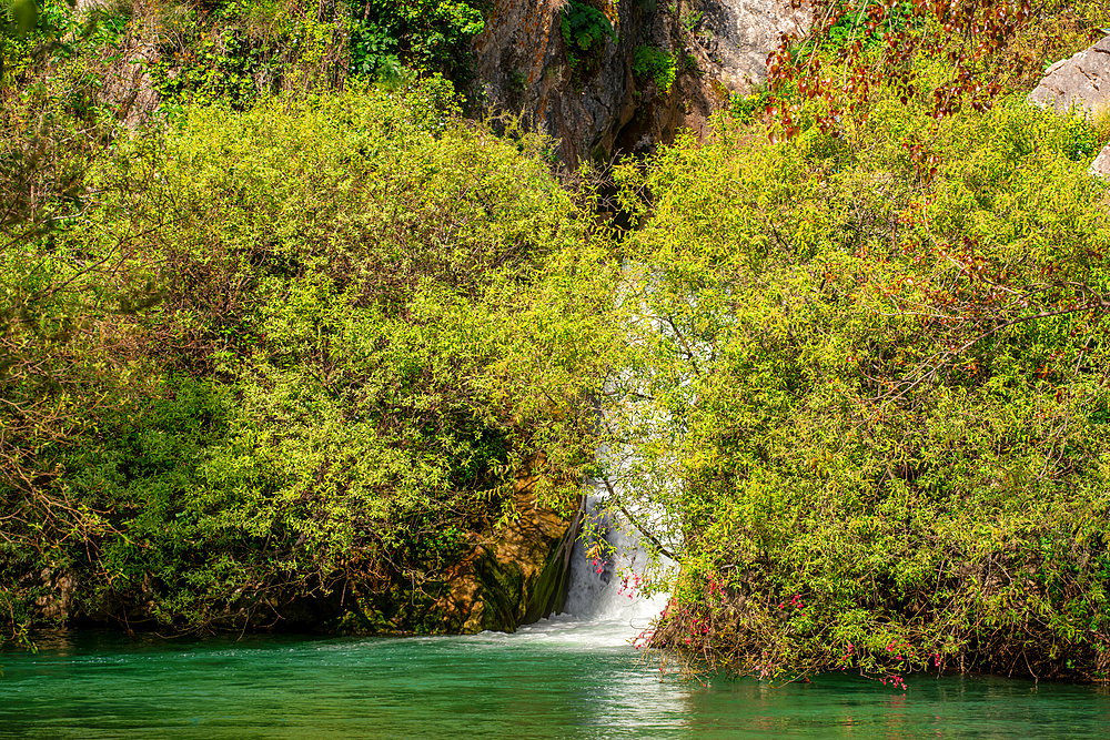 Waterfall in a green landscape with a river pond in Cueva del Gato, Andalusia region, Spain, Europe