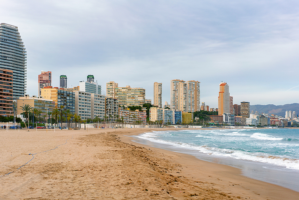 Benidorm beach with hotels on a cloudy day, Benidorm, Costa Blanca, Alicante Province, Spain, Europe