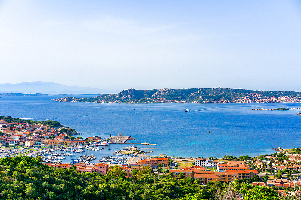 Viewpoint of Palau on the coast of Sardinia with La Maddalena island in the background, Sardinia, Italy, Mediterranean, Europe