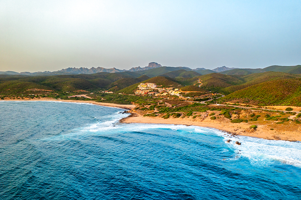 Portu Maga village on the Costa Verde (Green Coast) of Sardinia, aerial drone at sunset, Sardinia, Italy, Mediterranean, Europe