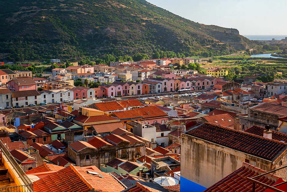 Bosa city colorful buildings at sunset, Bosa, Sardinia, Italy, Mediterranean, Europe