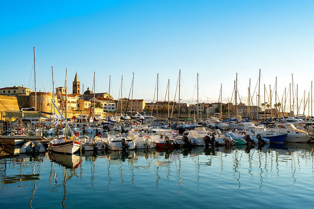 Alghero city marina with boats and yachts, Alghero, Sardinia, Italy, Mediterranean, Europe