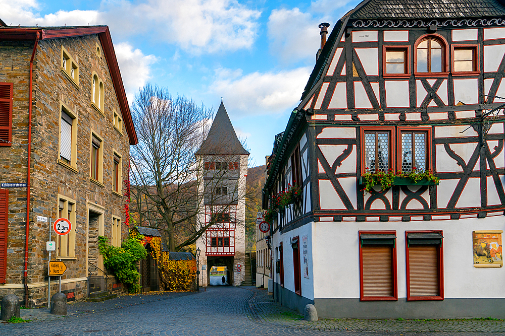 Traditional German houses on a street in Bacharach, Rhineland-Palatinate, Germany, Europe