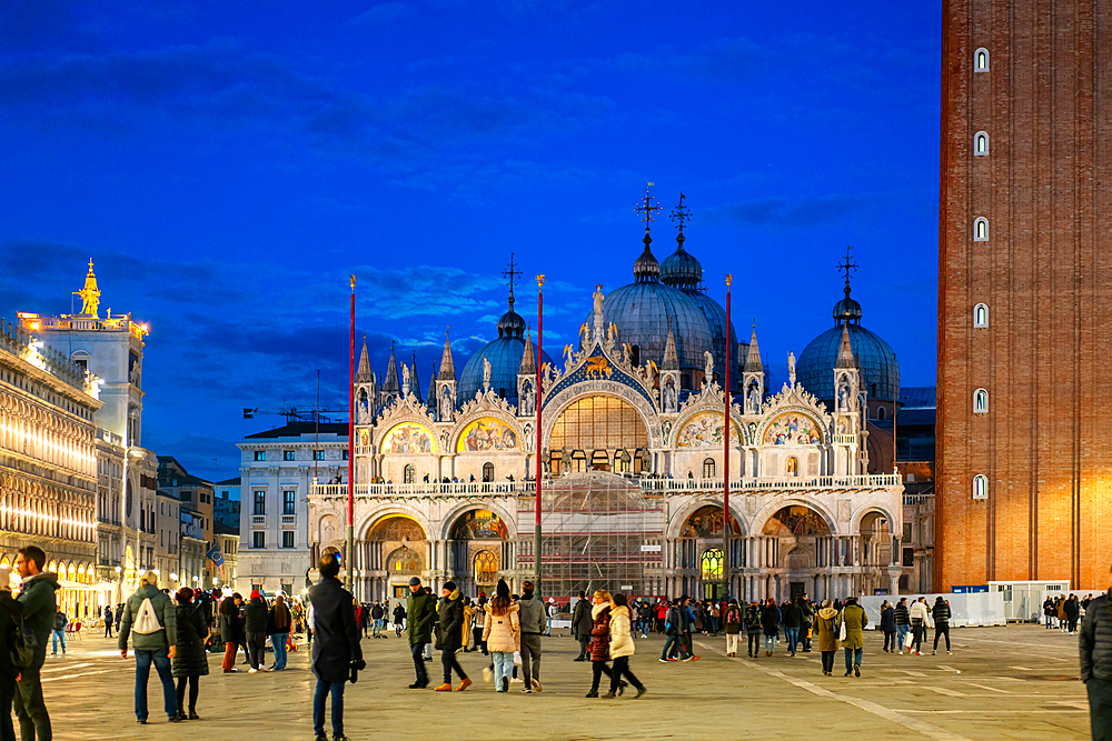 San Marco Plaza (St. Mark's Square) with Basilica and church tower illuminated at night, Venice, UNESCO World Heritage Site, Veneto, Italy, Europe