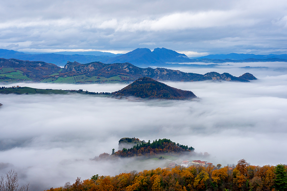 Mountain landscape full of fog in San Marino, Europe