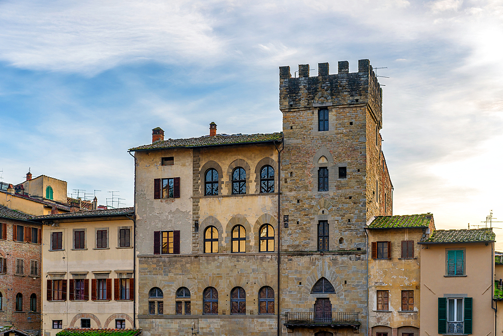 Brizzolari Palace and antique traditional stone houses in Piazza Grande of Arezzo, Tuscany, Italy, Europe