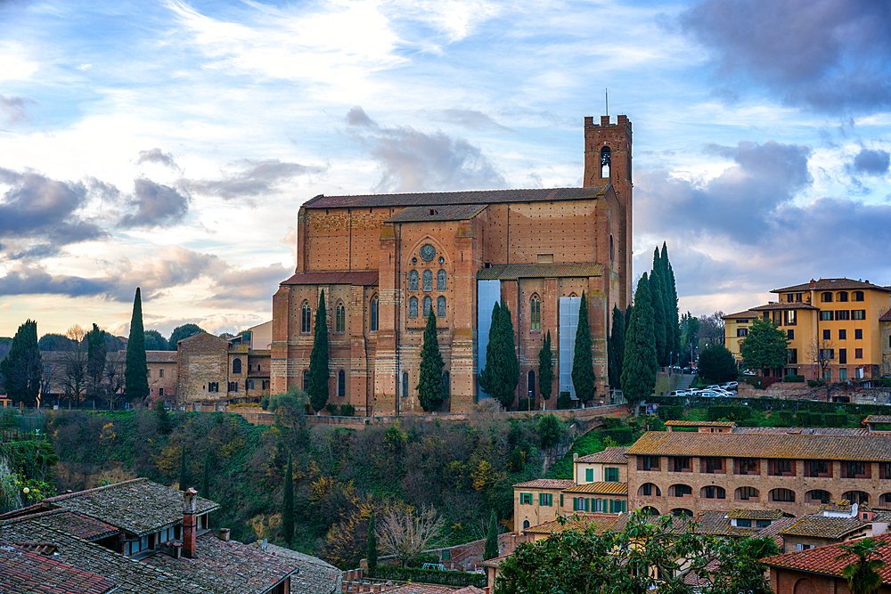 San Domenico iconic Basilica of Siena at sunset, Siena, UNESCO World Heritage Site, Tuscany, Italy, Europe