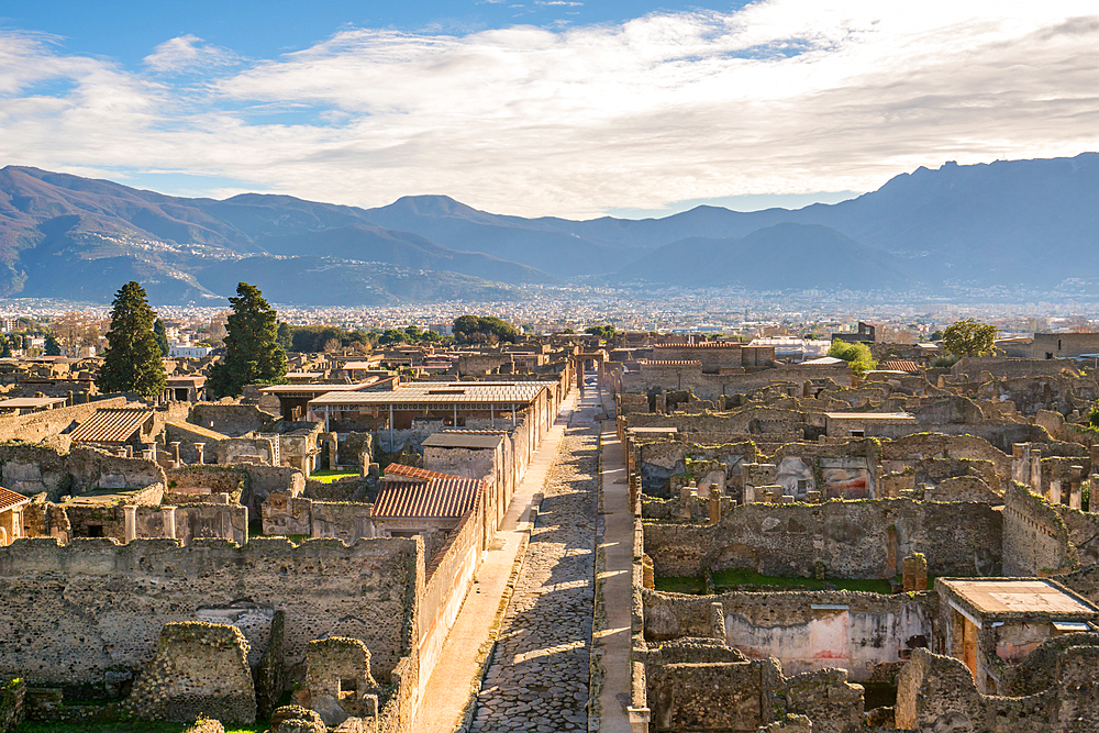 Pompeii archaeological site of ancient city destroyed by Mount Vesuvius volcano in Naples, Italy