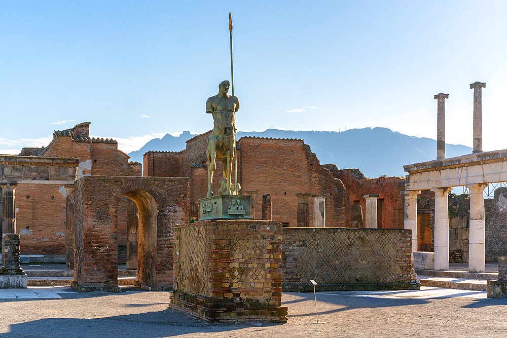 Centaur statue in Pompeii archaeological site of ancient city destroyed by Mount Vesuvius volcano in Naples, Italy