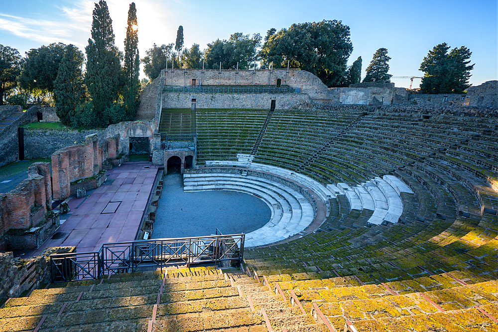 Great Theater of Pompeii, archaeological site of ancient city destroyed by Mount Vesuvius volcanic eruption, UNESCO World Heritage Site, near Naples, Campania, Italy, Europe