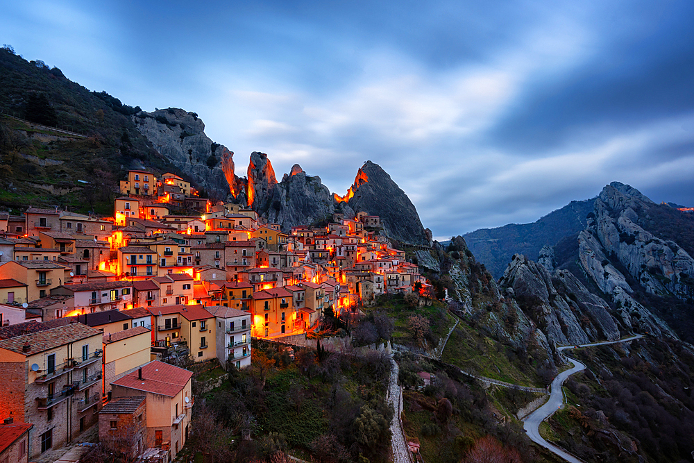 Castelmezzano historic village on the mountains at sunset, Castelmezzano, Basilicata, Italy, Europe