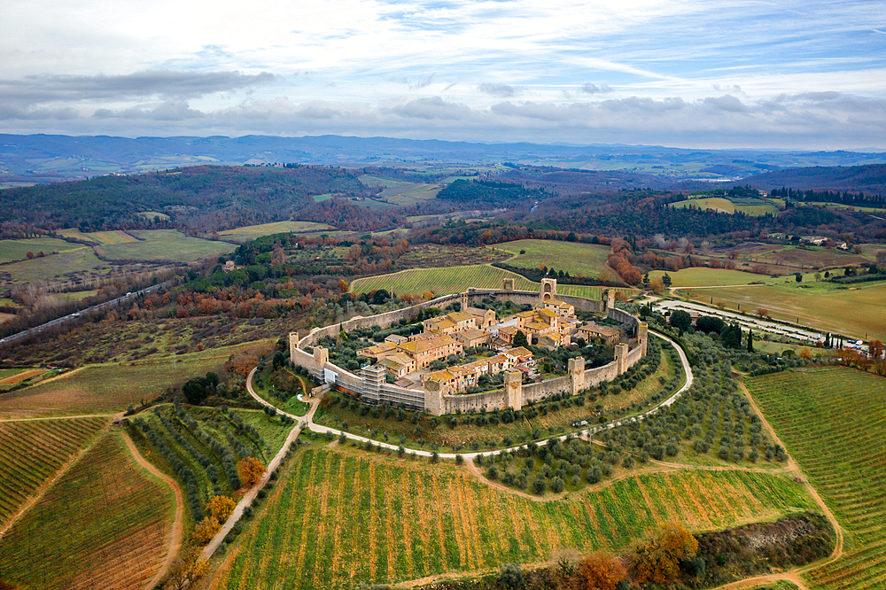 Monteriggioni historic village on top of the hill, drone aerial view, Monteriggioni, Tuscany, Italy, Europe